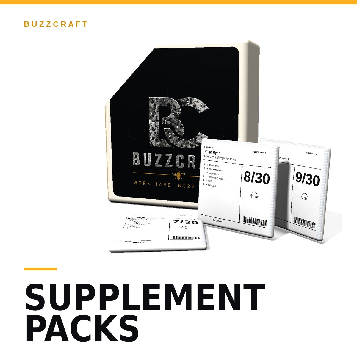 BuzzCraft supplement packs: container with numbered daily pouches