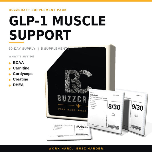 GLP-1 Muscle Support - BuzzCraft container and numbered daily pouches