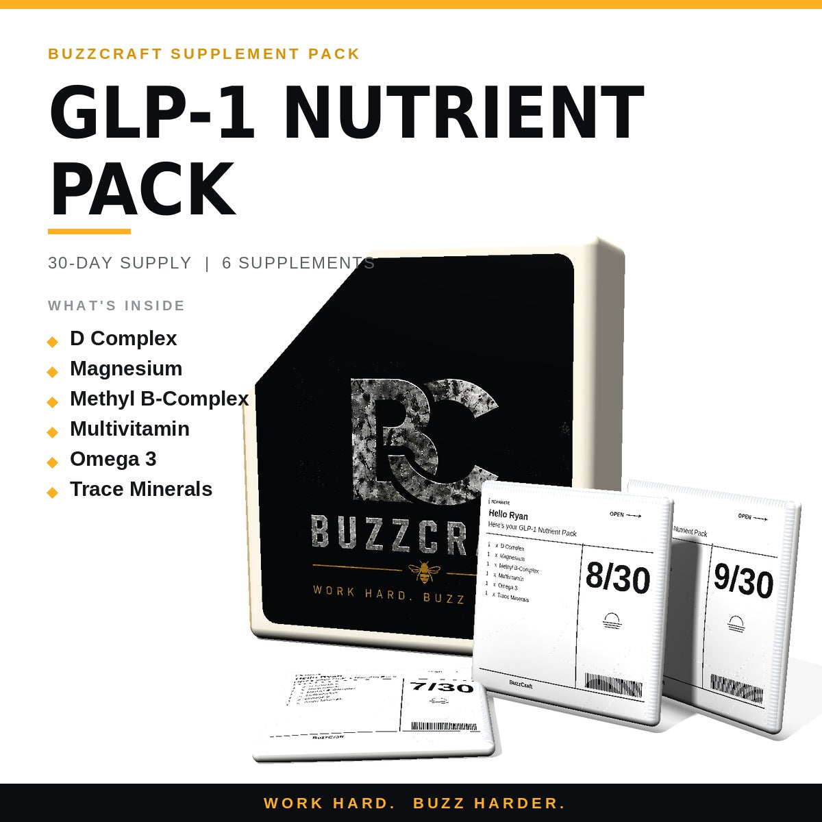 GLP-1 Nutrient Pack - BuzzCraft container and numbered daily pouches