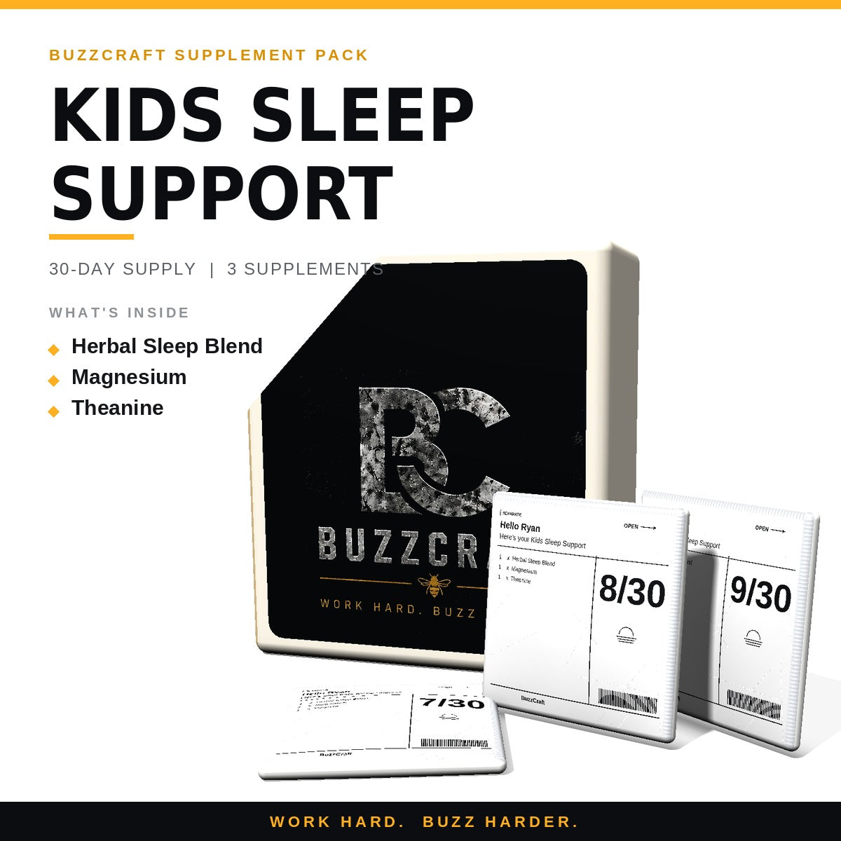 Kids Sleep Support - BuzzCraft container and numbered daily pouches