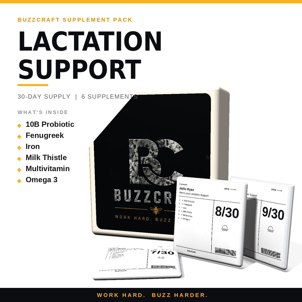 Lactation Support - BuzzCraft container and numbered daily pouches