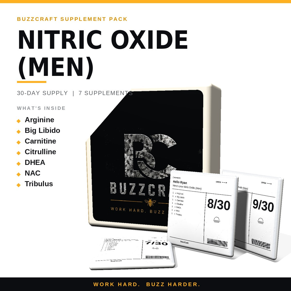 Nitric Oxide (Men) - BuzzCraft container and numbered daily pouches
